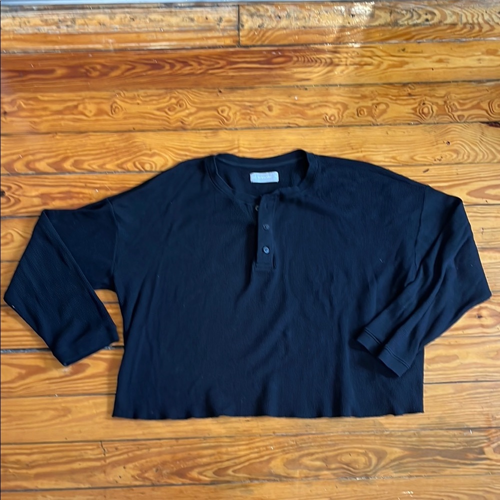 Everlane Black Cotton Waffle Long Sleeve Cropped Henley